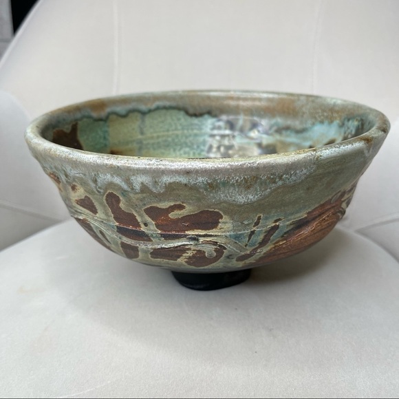 Large Raku Bowl Studio Art Pottery Swirl Stoneware Unique Art Decor MCM - Picture 4 of 6